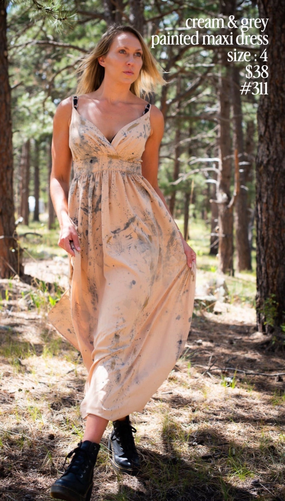 Constance Wilde cream & grey painted maxi dress #311