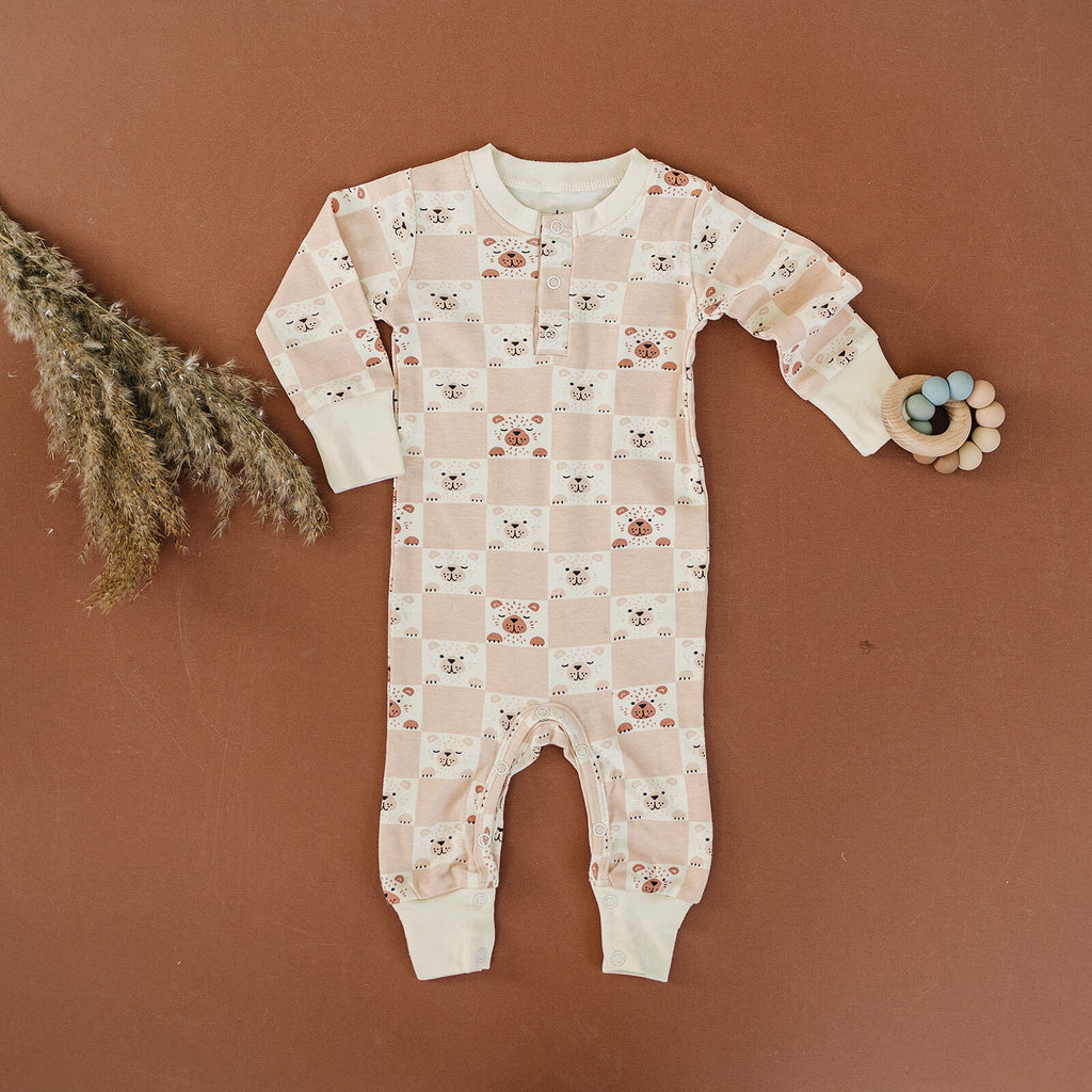 GOTS Certified Organic Cotton Playsuit No Pocket - Checkered Bear