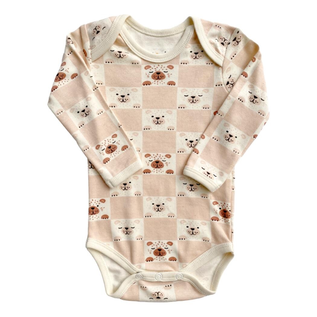 Organic Cotton Long Sleeve Bodysuit - Checkered Bear