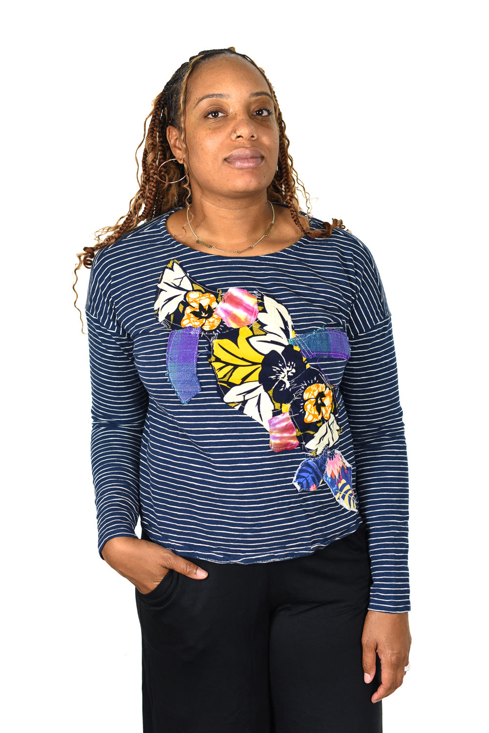 Constance Wilde Upcycled Flower Patch 3/4 Sleeve Navy Top