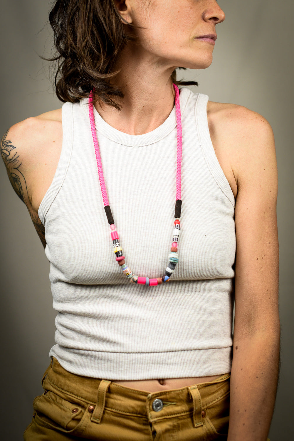 Ravy Upcycled Shoestring Necklace by Constance Wilde - Red and Pink