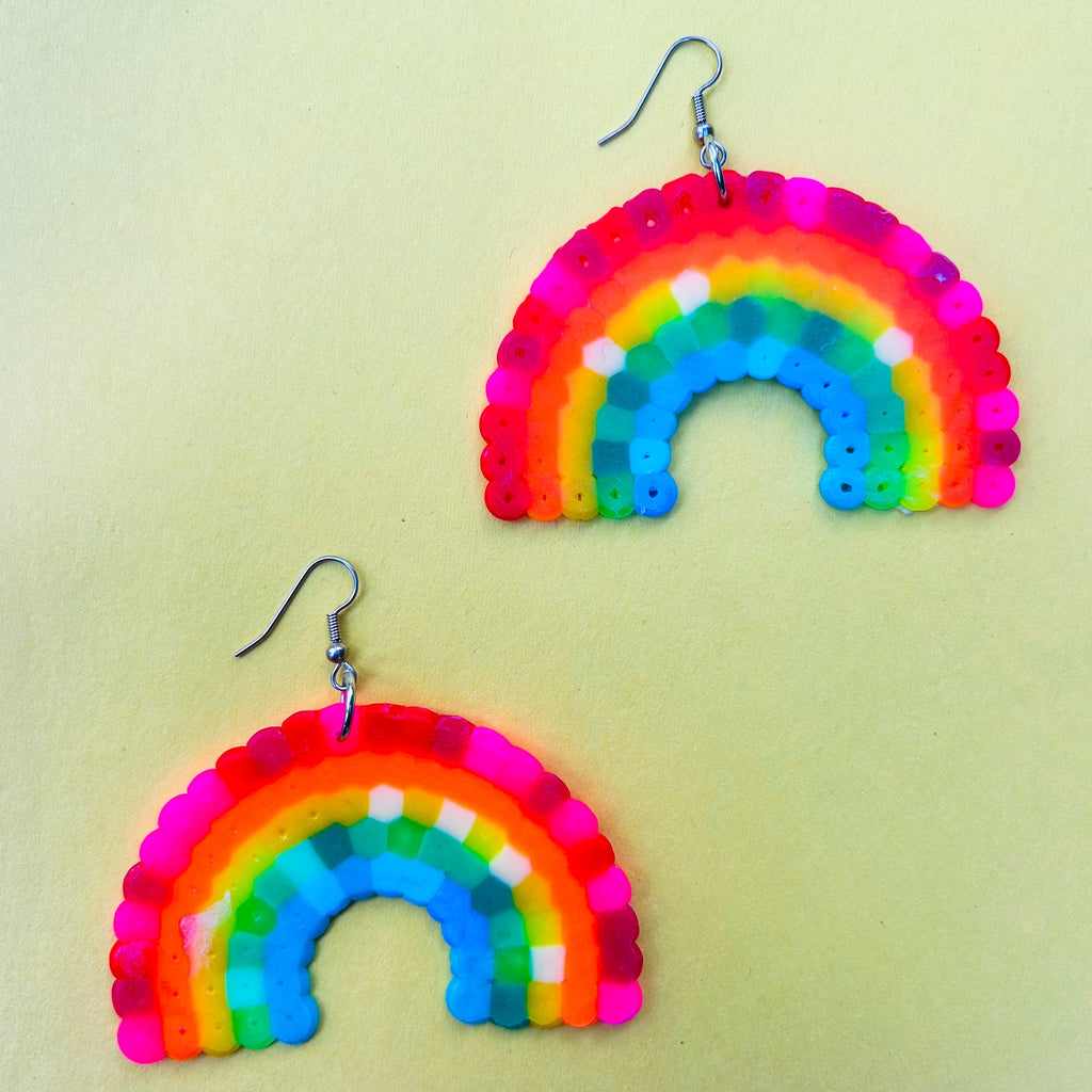 Vibrant Rainbow Arc Earrings - Upcycled Perler Beads by Constance Wilde