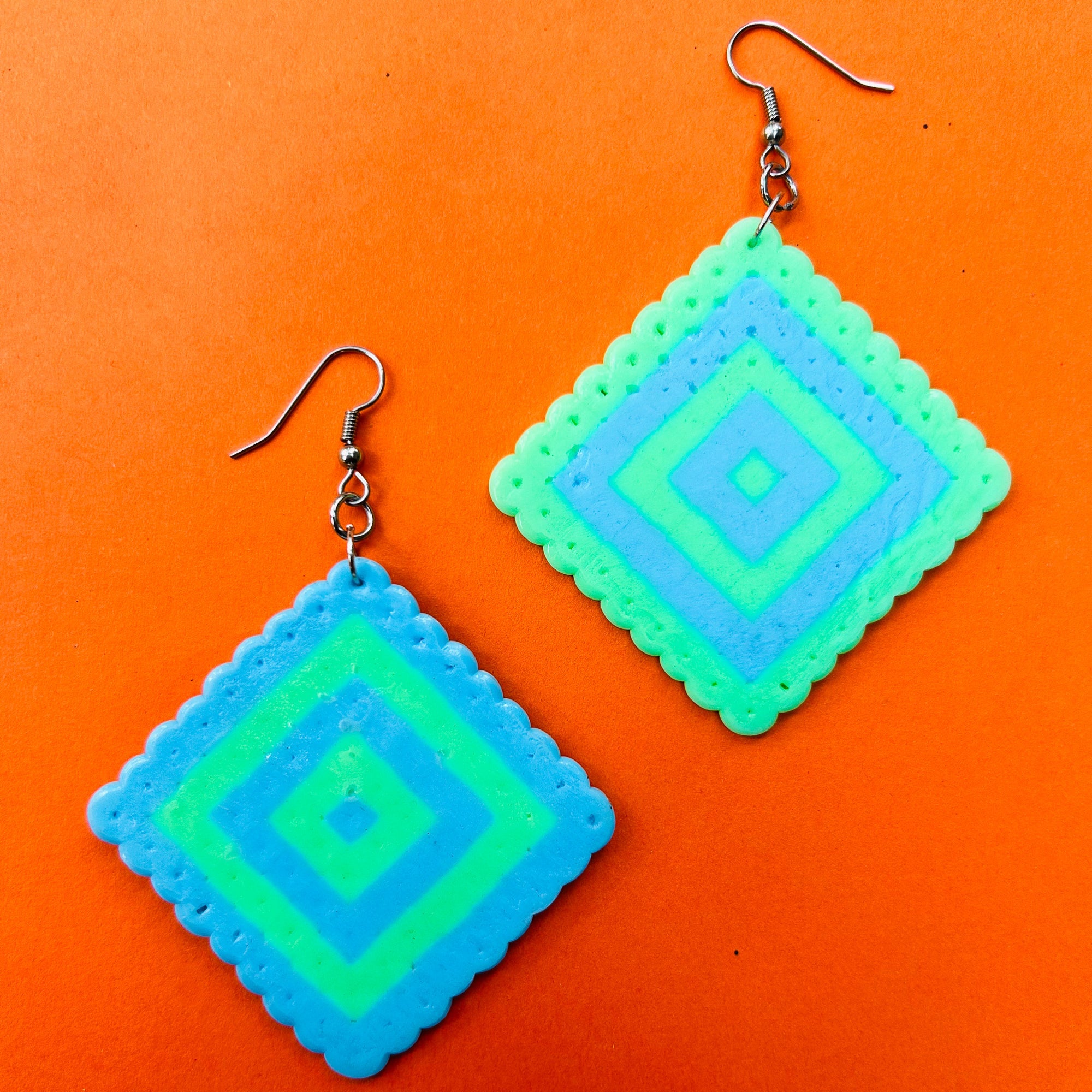 Geometric Diamond Pattern Earrings - Upcycled Perler Beads by Constance Wilde