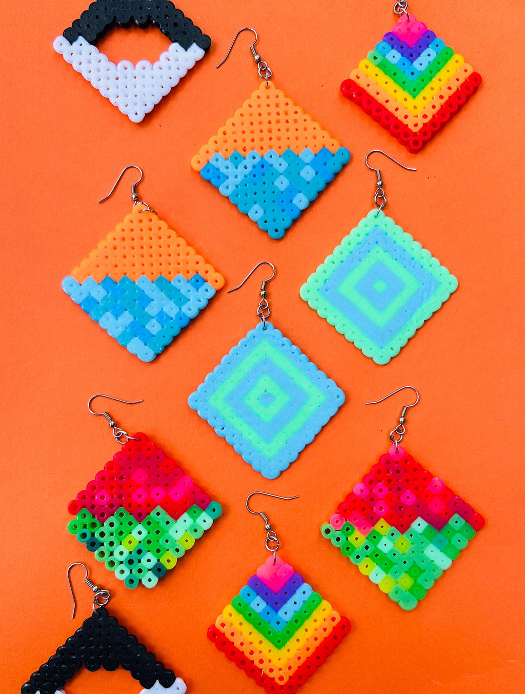 Geometric Diamond Pattern Earrings - Upcycled Perler Beads by Constance Wilde