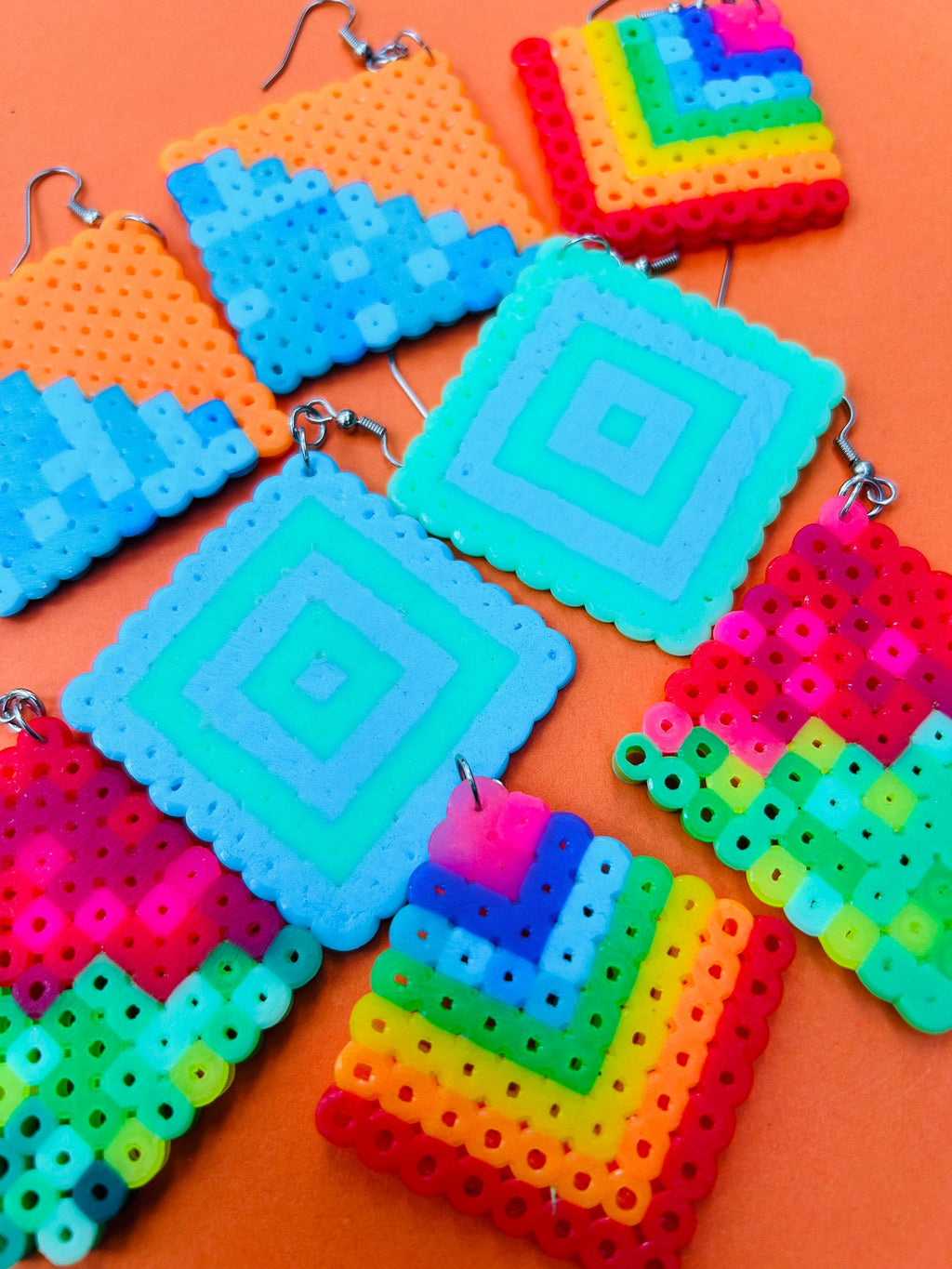 Geometric Diamond Pattern Earrings - Upcycled Perler Beads by Constance Wilde