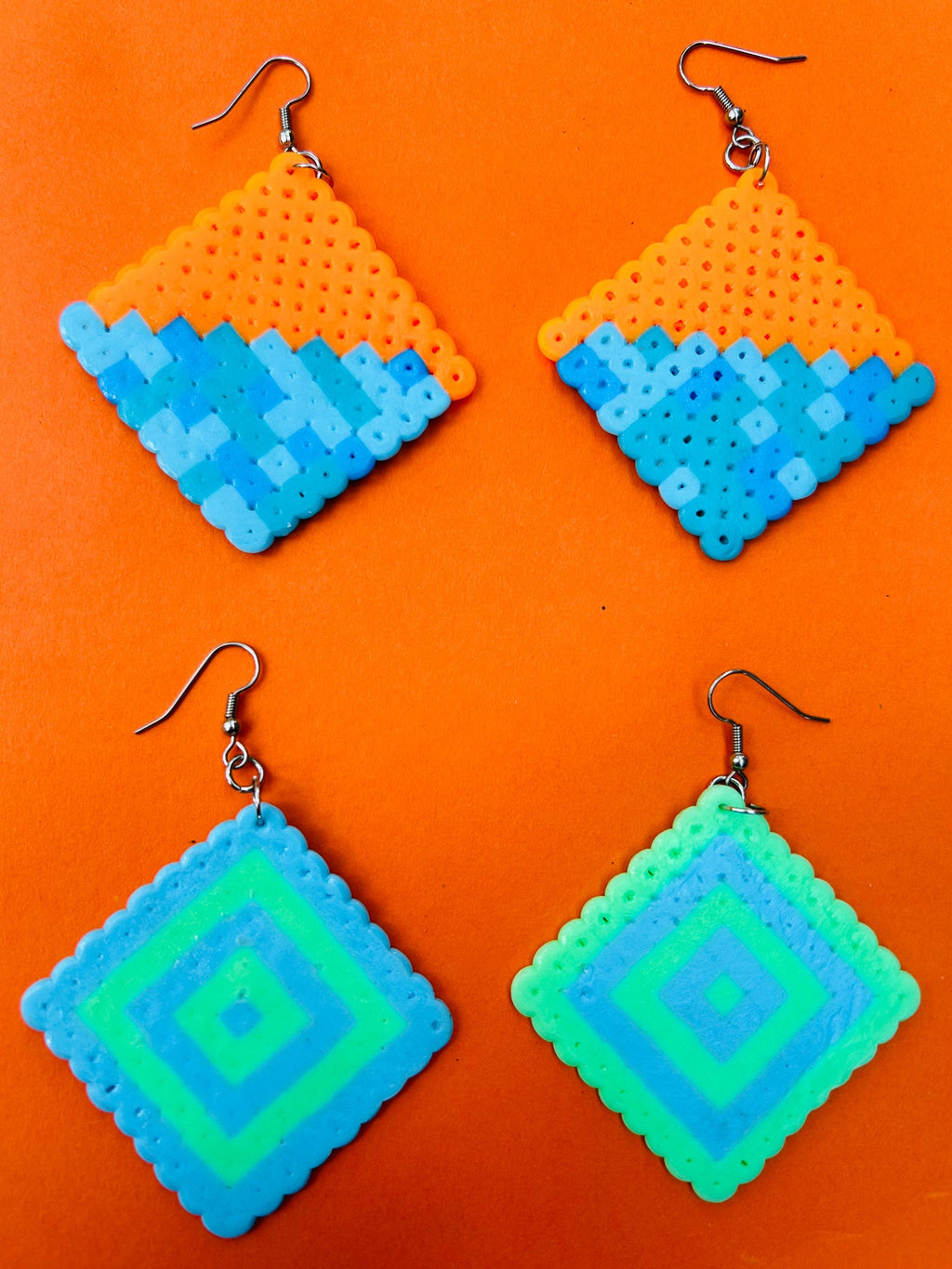 Geometric Diamond Pattern Earrings - Upcycled Perler Beads by Constance Wilde