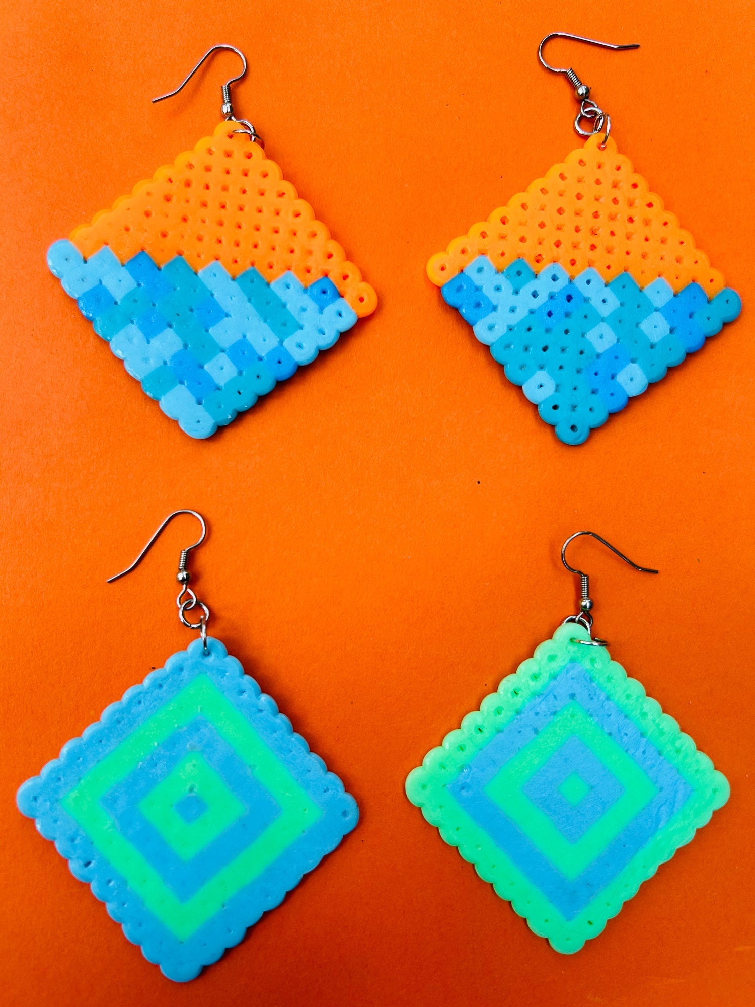 Geometric Diamond Pattern Earrings - Upcycled Perler Beads by Constance Wilde