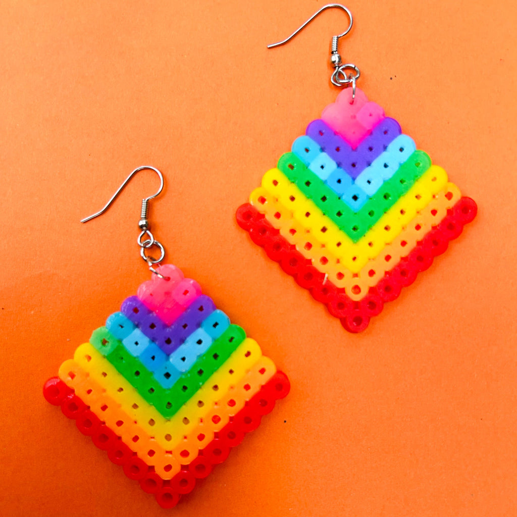 Geometric Diamond Pattern Earrings - Upcycled Perler Beads by Constance Wilde