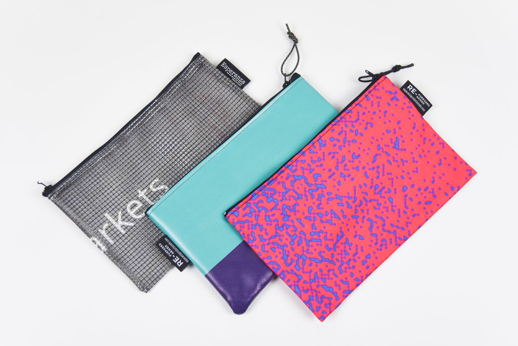 Repurposed Zip Banner Pouch - Vinyl