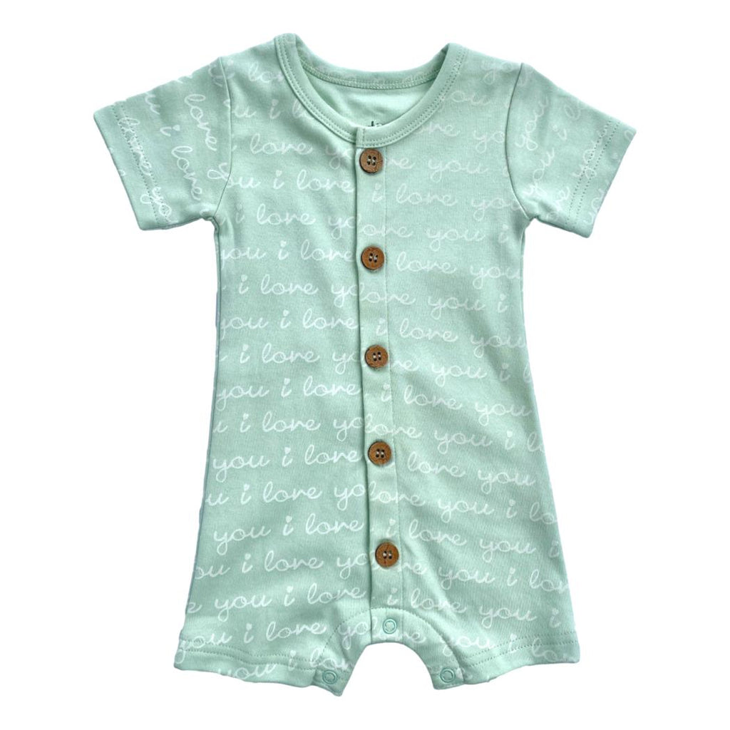 GOTS Certified Organic Cotton Short Sleeve Romper - I Love You (Desert Green)