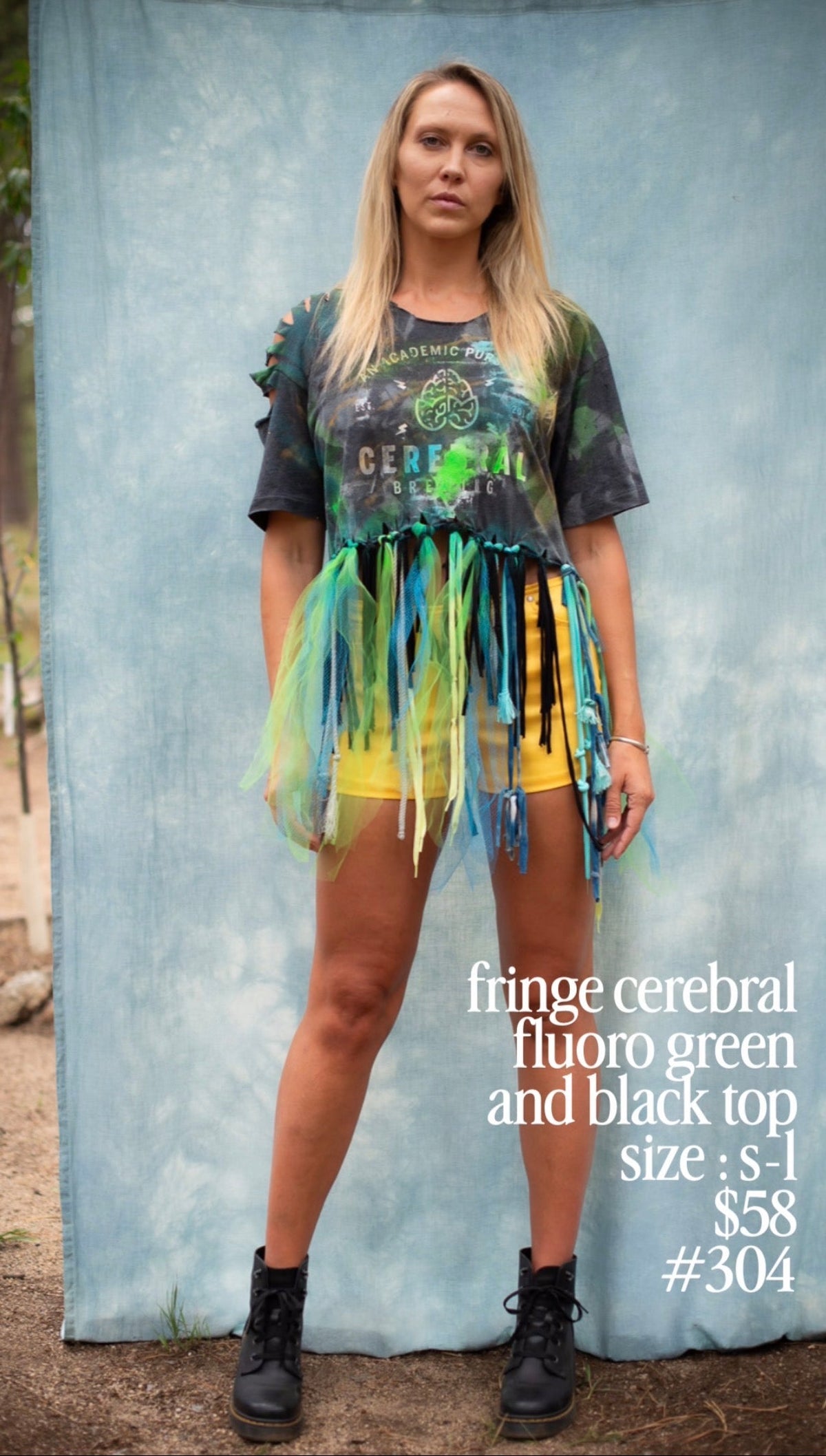 Constance Wilde fringe cerebral fluoro green and black top #304