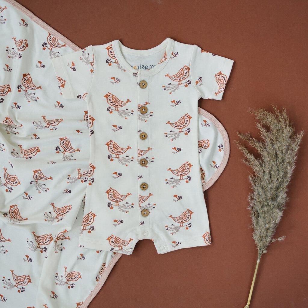 GOTS Certified Organic Cotton Short Sleeve Romper - Celadon Quail
