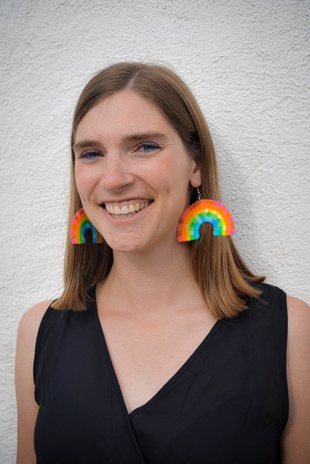 Vibrant Rainbow Arc Earrings - Upcycled Perler Beads by Constance Wilde
