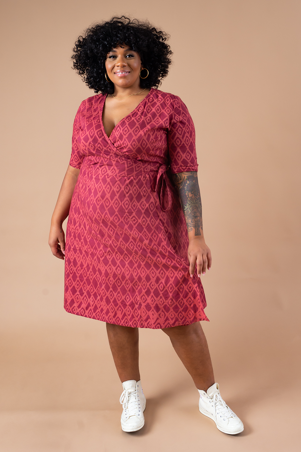 3/4 sleeve batique wrap dress