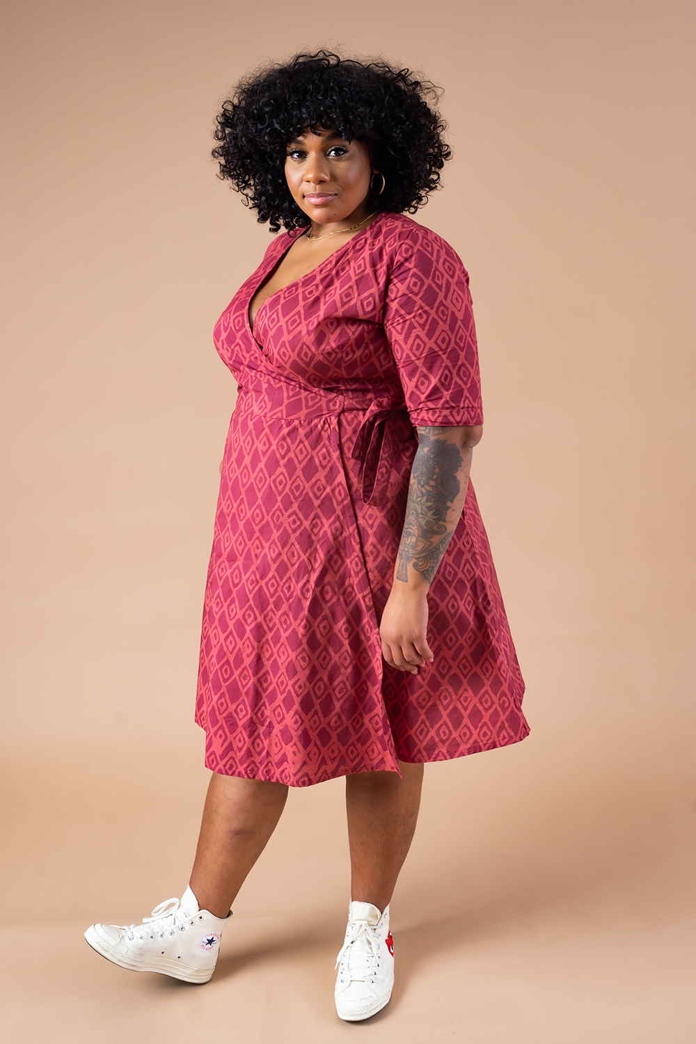 3/4 sleeve batique wrap dress