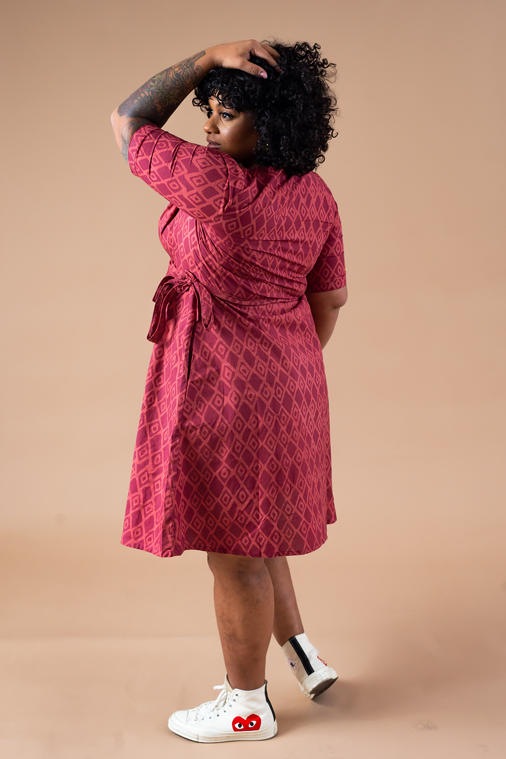 3/4 sleeve batique wrap dress