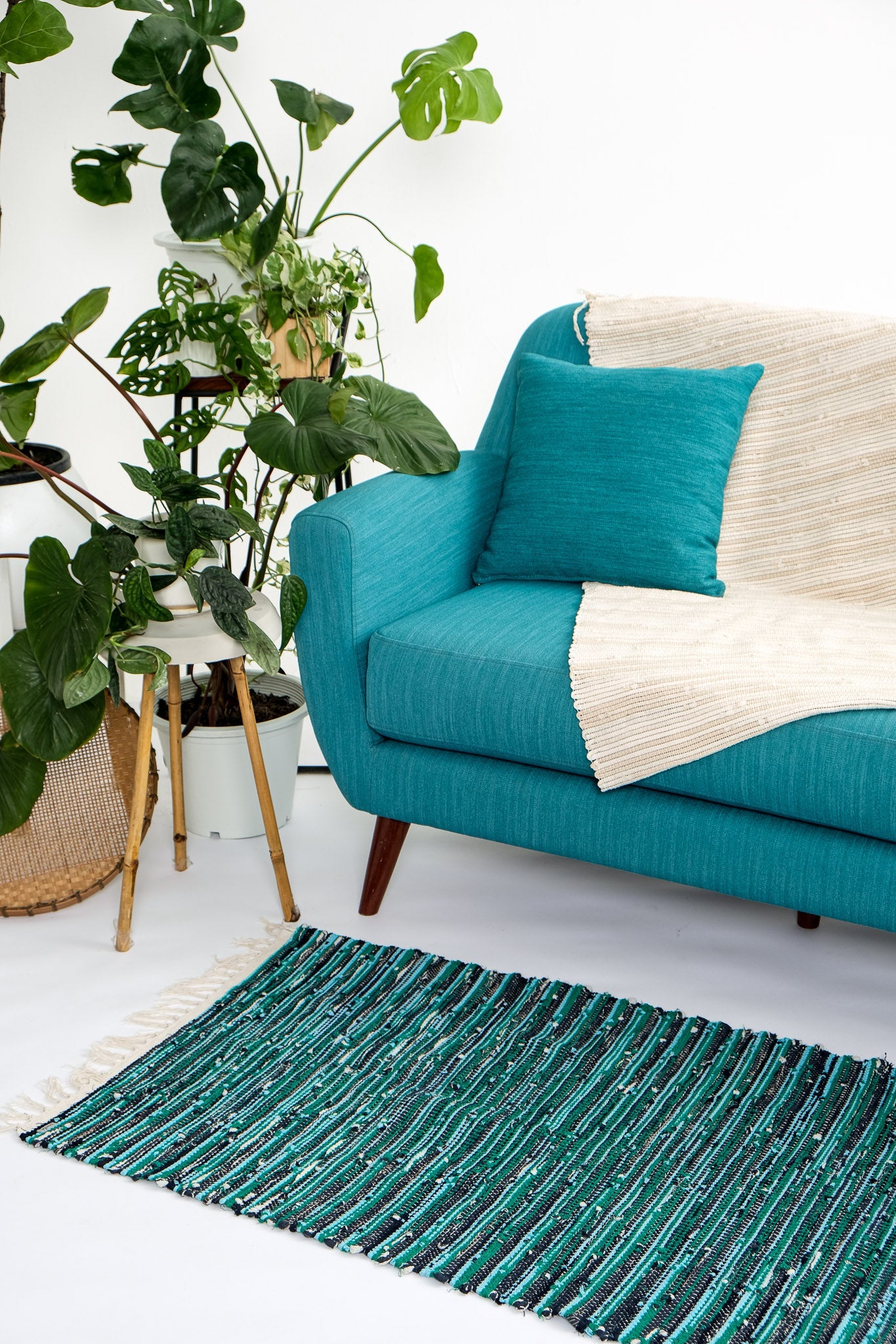 nimol handwoven rug with ties - navy and blue tones