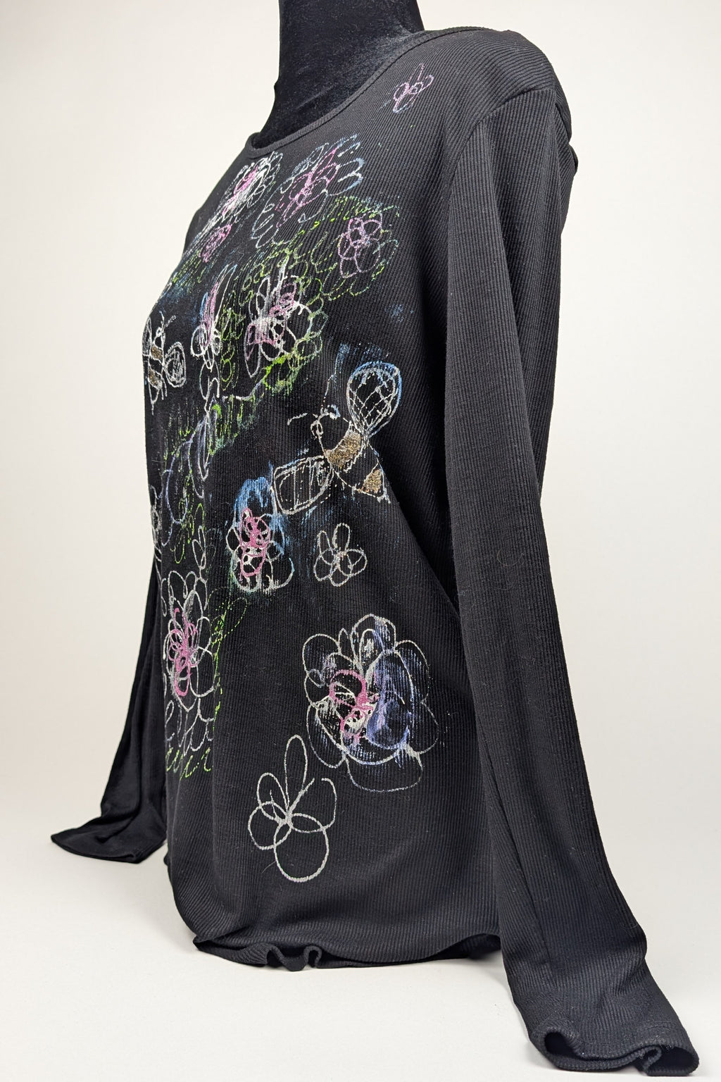 Black Ribbed Painted Constance Wilde Upcycled Long Sleeve Top