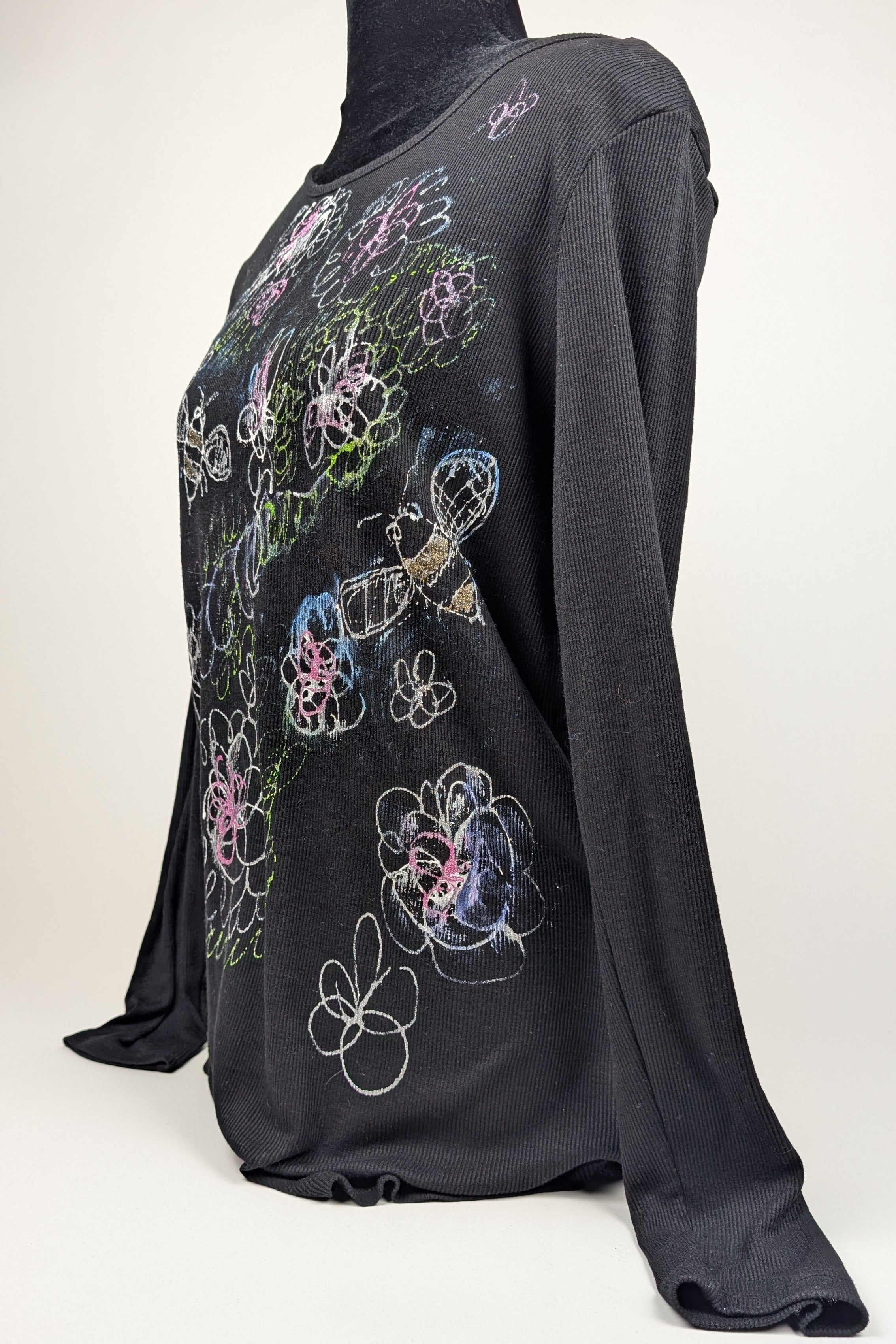 Black Ribbed Painted Constance Wilde Upcycled Long Sleeve Top