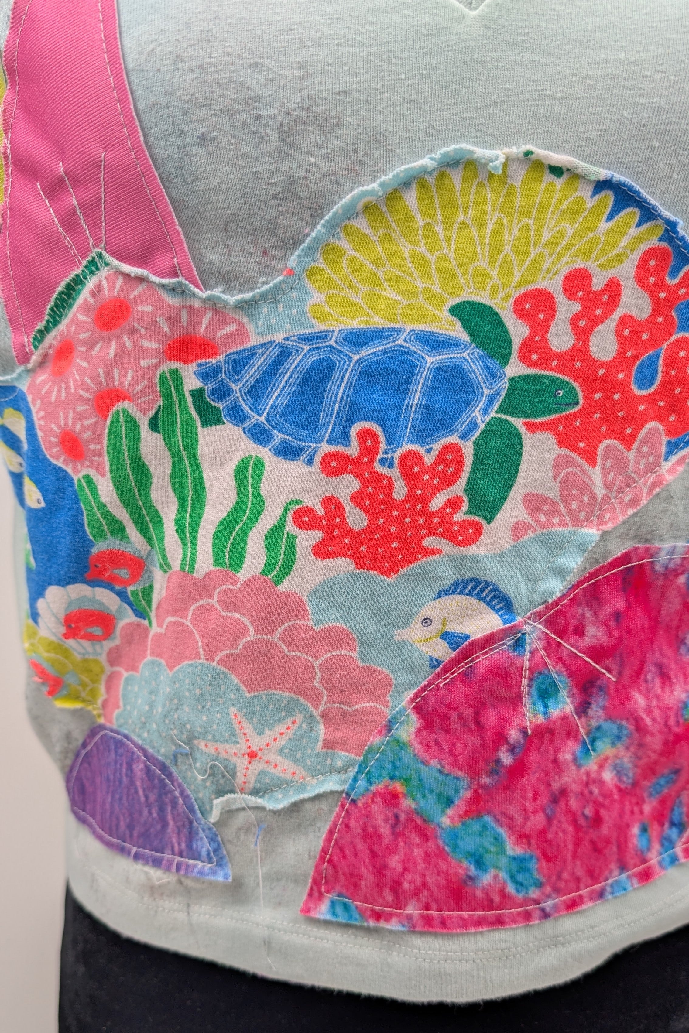 Light Green Patchwork Constance Wilde upcycled Short Sleeve Top