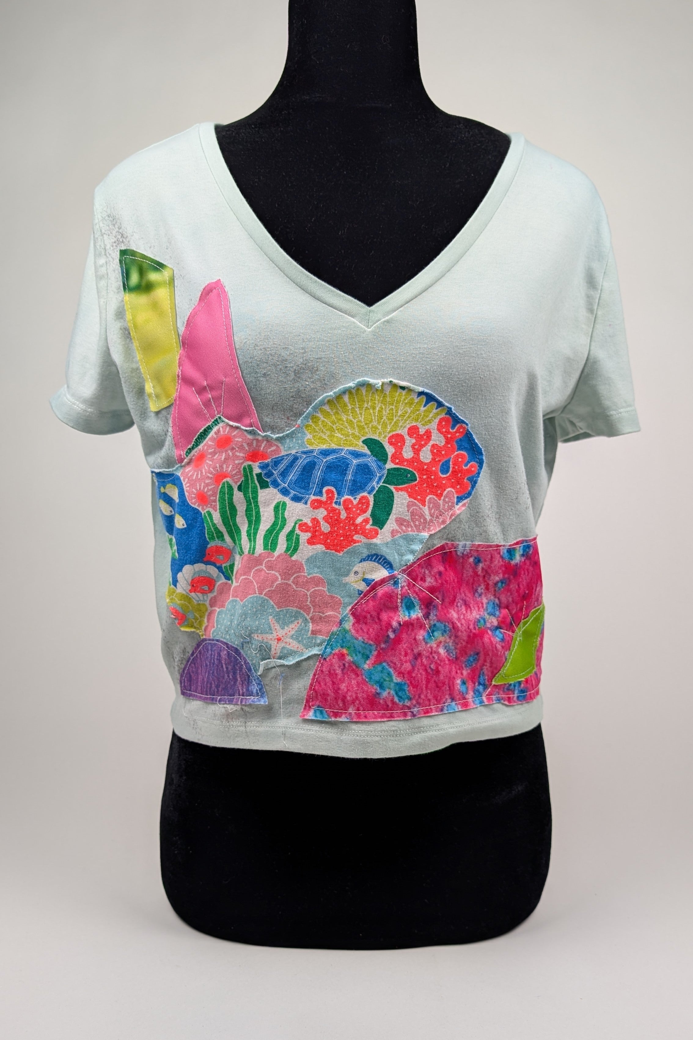 Light Green Patchwork Constance Wilde upcycled Short Sleeve Top