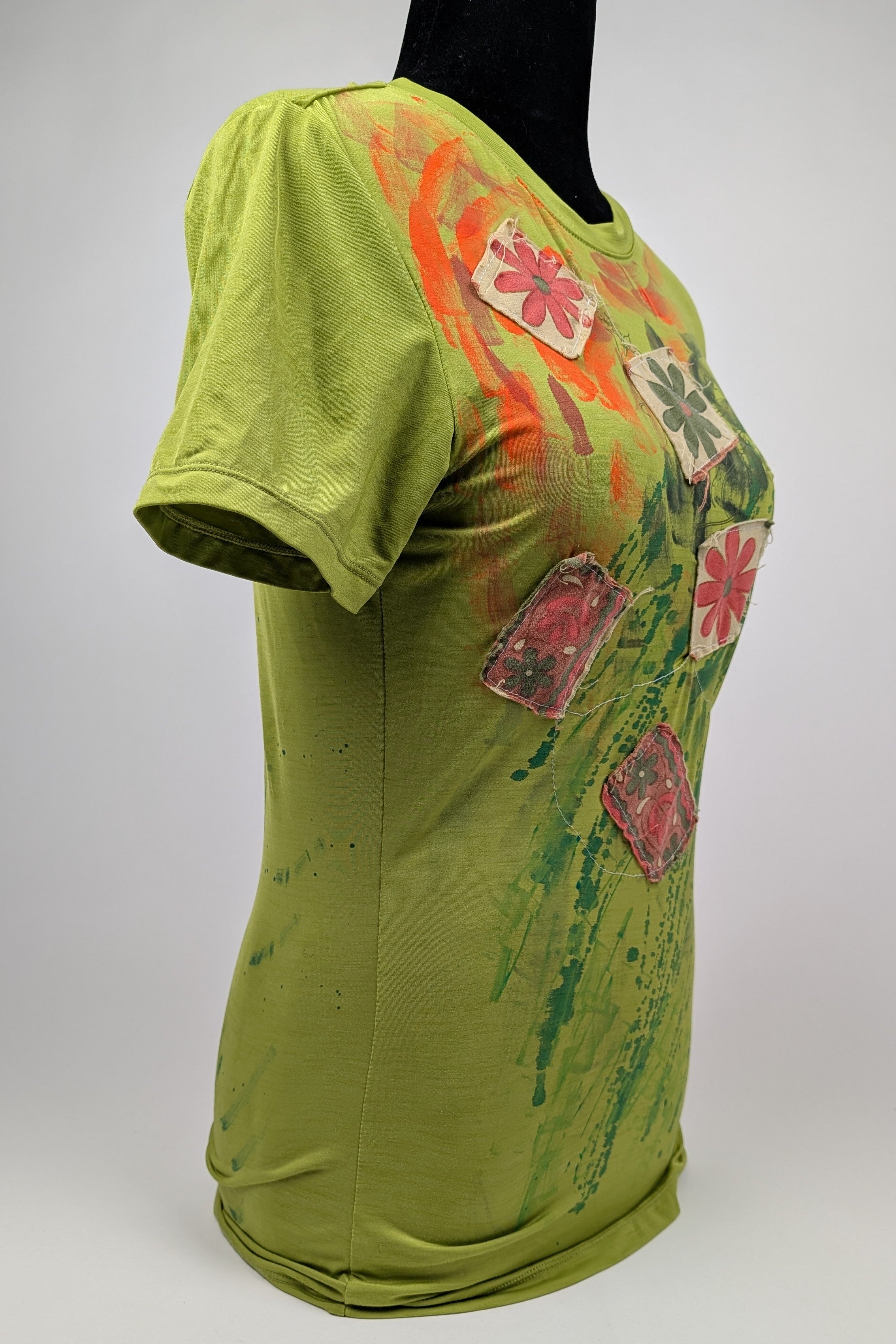 Green Paint and Patchwork Constance Wilde Upcycled Short Sleeve Top