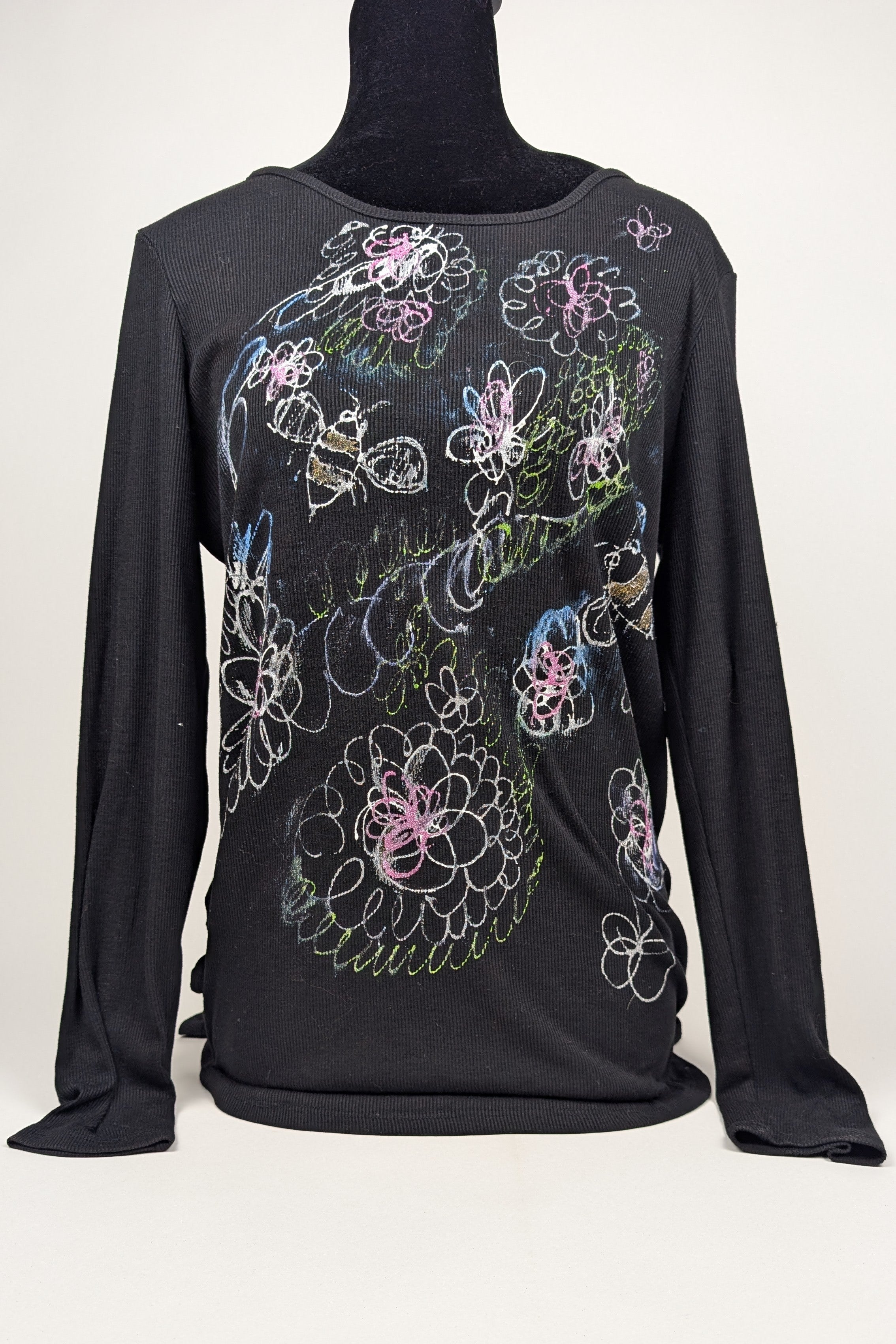 Black Ribbed Painted Constance Wilde Upcycled Long Sleeve Top