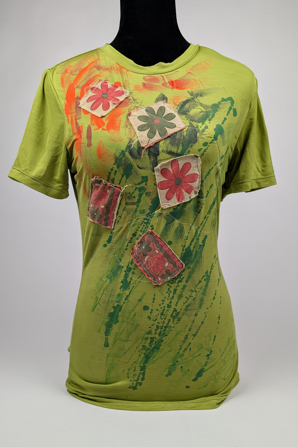 Green Paint and Patchwork Constance Wilde Upcycled Short Sleeve Top