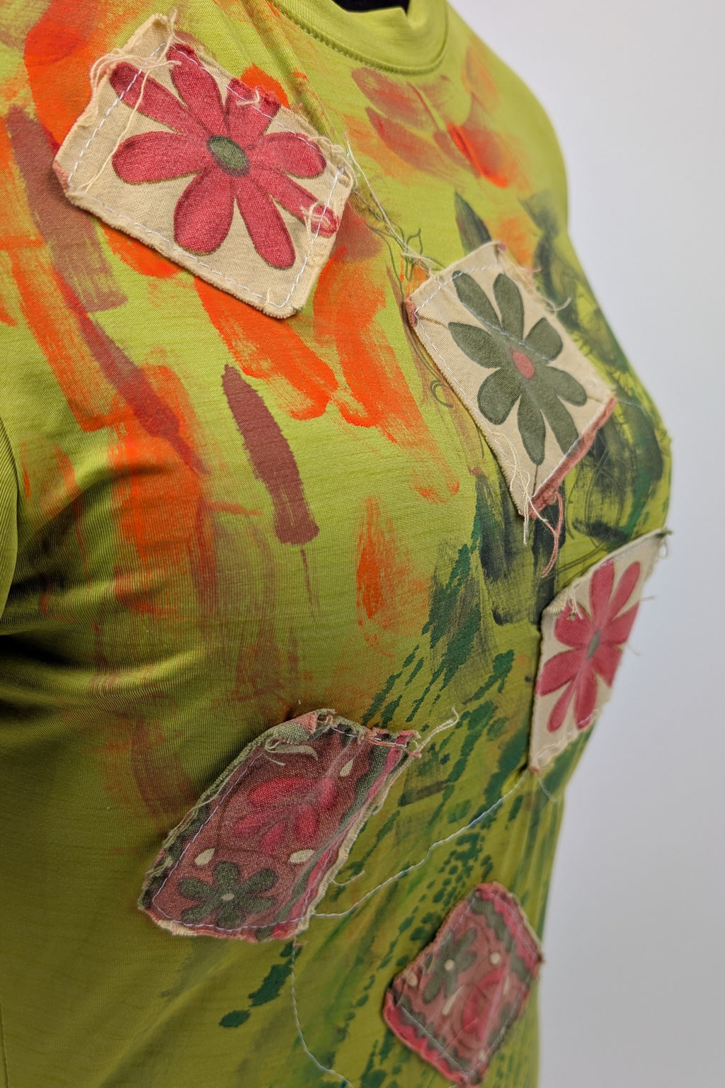 Green Paint and Patchwork Constance Wilde Upcycled Short Sleeve Top