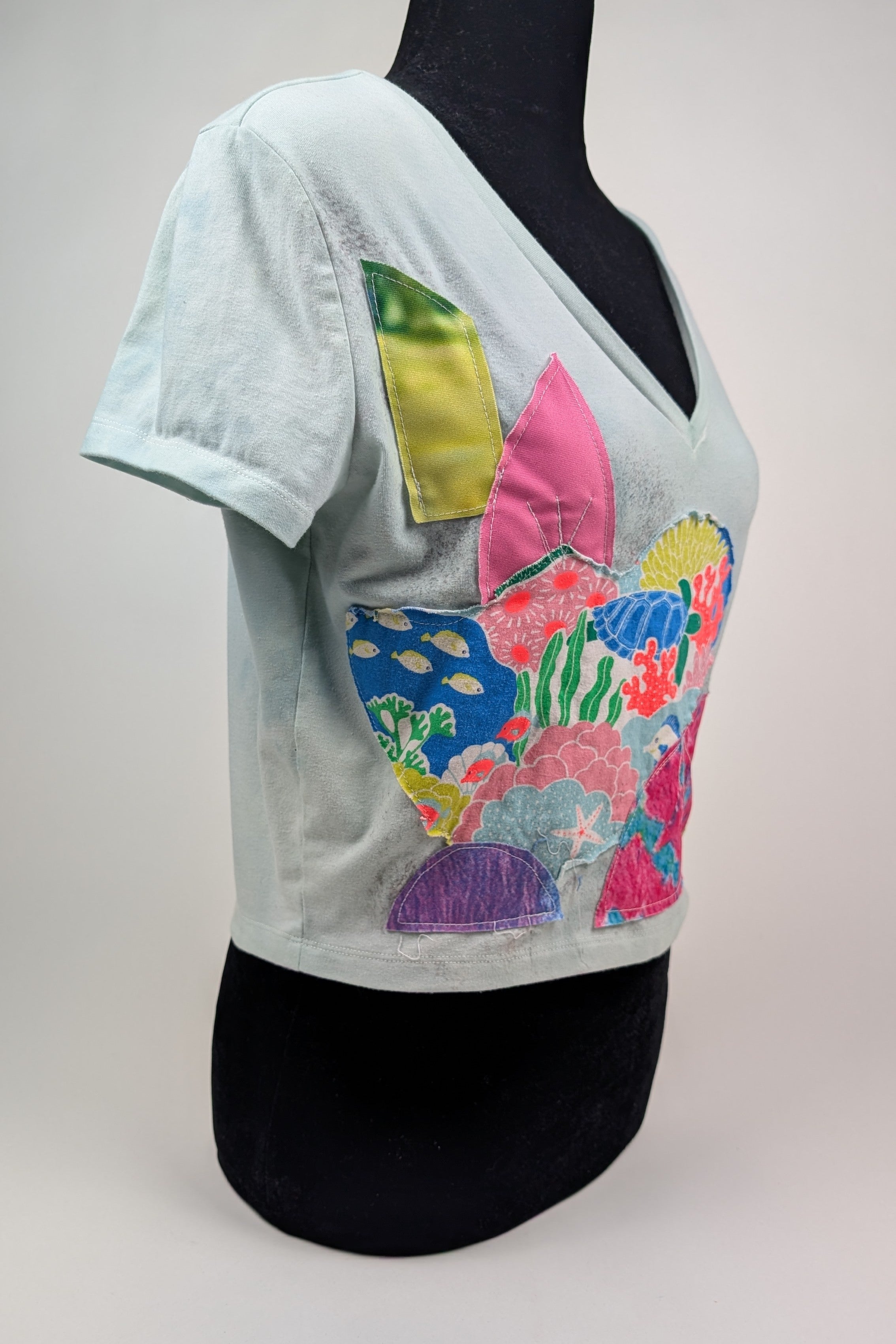 Light Green Patchwork Constance Wilde upcycled Short Sleeve Top