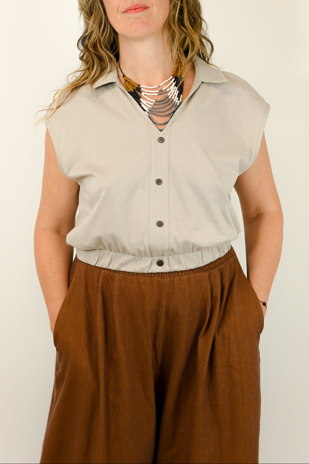 organic button down collared top