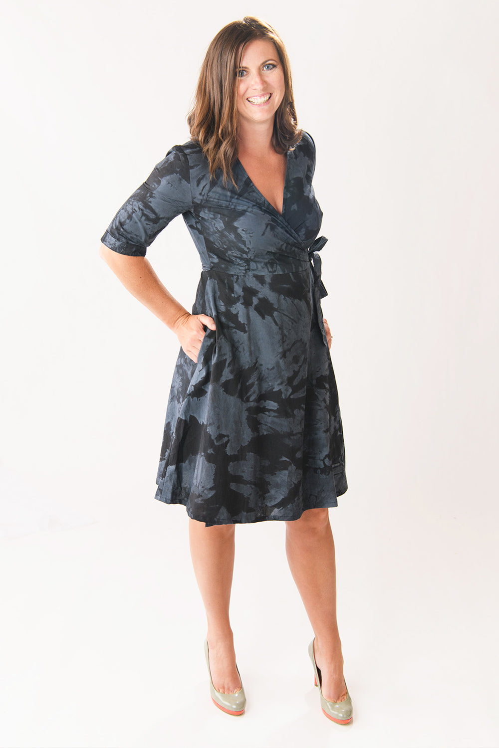 3/4 sleeve batique wrap dress